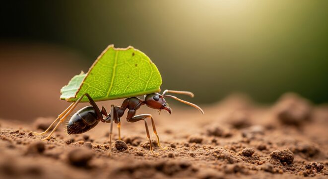 A leafcutter ant showing strength while carrying a piece of a leaf