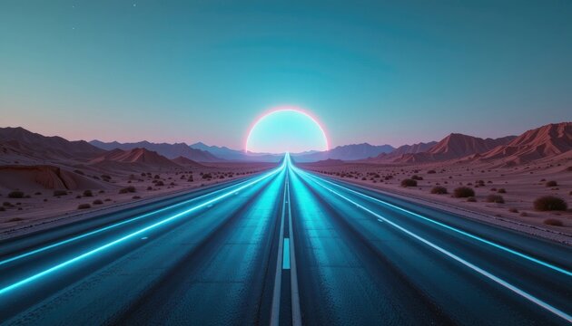 Long road in a desert landscape with a glowing sunlike orb