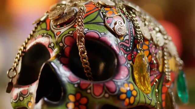 Decorated skull with jewelry and floral pattern