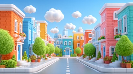 Obraz premium Vibrant Colorful Cartoon Town Street with Green Trees and Clouds