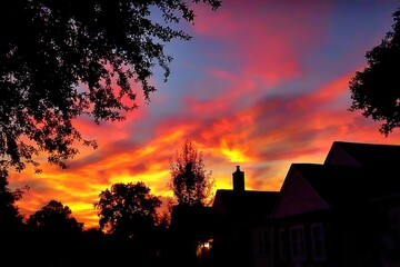 Sunset through trees, vibrant colors