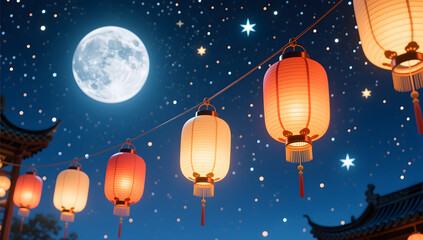 Mid-Autumn Festival Kongming Lantern Night Moon National Trend National Style Wishing Blessing Illustration