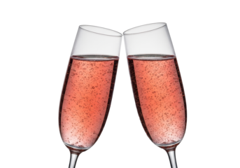 Two elegant crystal champagne flutes with rosé sparkling wine, condensation visible, mid-toast in a gentle clink, isolated on a transparent background, macro shot with soft lighting. Concept of