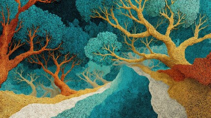 Forest path, stylized trees, vibrant colors