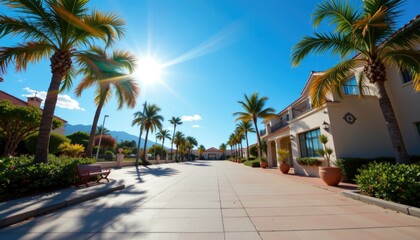 Fototapeta premium Sunny Palm Tree Boulevard with Clear Blue Sky and Bright Sunshine in a Calm Residential Area