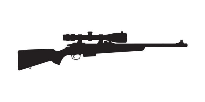 silhouette rifle vector with scope and trigger on checkered grayscale pattern background, hunting and tactical weapon icon