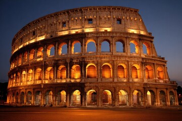 Ancient Roman Colosseum at twilight, illuminated