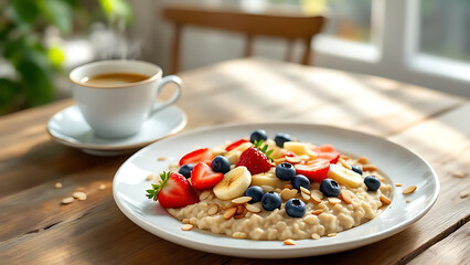Healthy breakfast oatmeal with fresh fruit and coffee, a perfect start to a relaxing morning