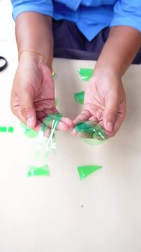 PET plastic recycling process for sustainable industry. Used plastic bottles are collected, cleaned, shredded, and turned into recycled flakes and pellets for eco-friendly manufacturing.
