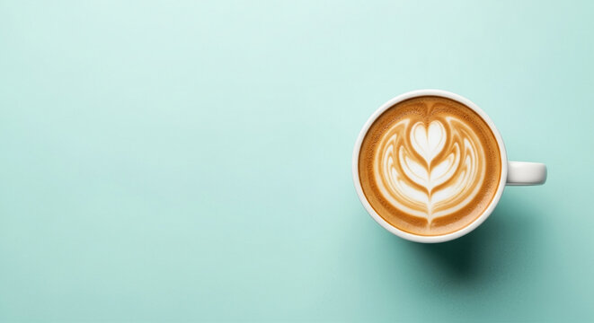 Captivating top-down view of a classic white coffee cup showcasing exquisite heart latte art, set against a serene light blue background, ideal for a relaxing pause.