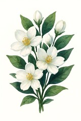 Obraz premium Watercolor illustration of jasmine flowers with green leaves and white blossoms. Elegant botanical artwork of fragrant jasmine, perfect for wedding invitations, greeting cards, textile design, 