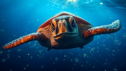 Fototapeta premium Close up shot of a sea turtle swimming underwater in a blue ocean with bubbles surrounding it