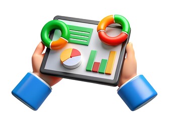 3d illustration of a hands holding a tablet displaying colorful data analytics charts and graphs, representing business growth and financial reporting, isolated on white background