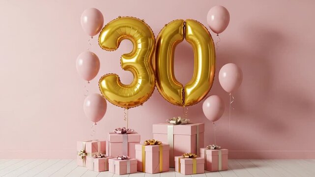 A festive setup with gold '30' balloons and pink gifts.