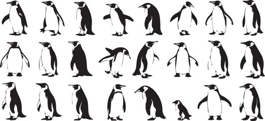 set of 24 black and white penguin vector illustrations in ai eps jpeg png formats showcasing playful bird poses © AIcon Star