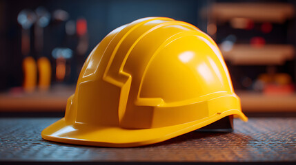 Yellow safety helmet on metal surface