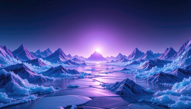 Purplehued mountain range ice and horizon line under a radiant light source