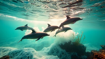 Fototapeta premium A pod of dolphins swimming gracefully under the sea with sunlight filtering through the water surface