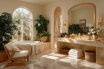 Relaxing bathroom space with soaking tub and greenery high resolution image