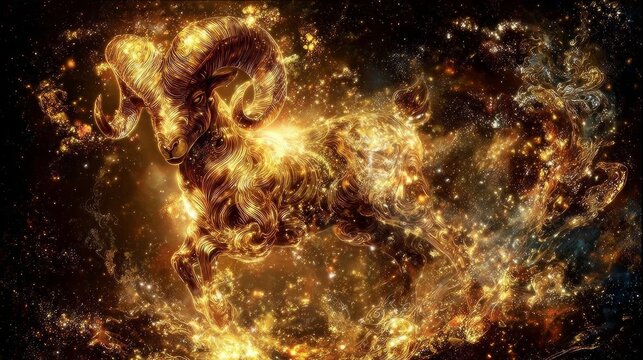 Golden Aries Zodiac Sign in Flaming Cosmic Background