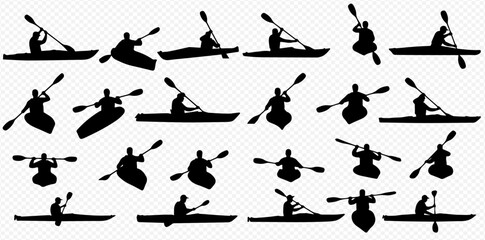 Naklejka premium Collection of silhouettes depicting individuals kayaking in various positions, using paddles to navigate.