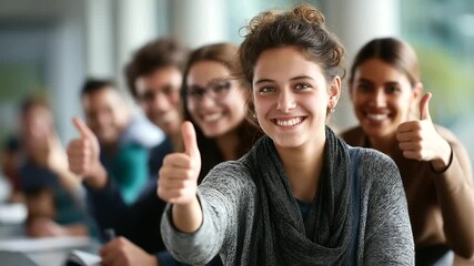 Students celebrating success at university with thumbs up