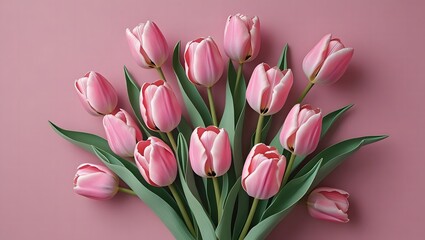 Pink Tulips Feminine Floral Wallpaper with green leaves on a pink, soft background.	