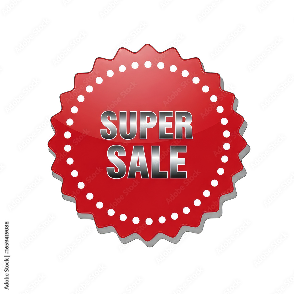 Poster super sale text on red badge with white dots on transparent background design
