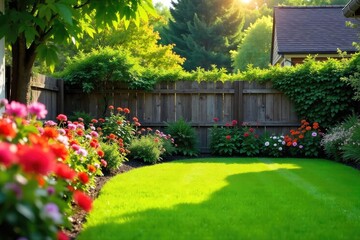 Naklejka premium Sunlit Backyard Garden Scene Vibrant Flowers, Wooden Fence, Lush Lawn. Peaceful, Blooming Environment Perfect for Home, Garden, and Real Estate Projects.