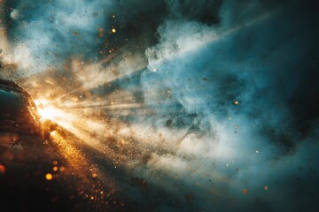 Fototapeta premium Dramatic, fiery explosion, radiant light through smoke