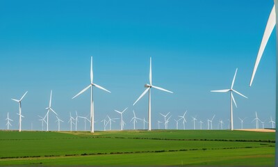 Fototapeta premium Expansive Green Field with Numerous White Wind Turbines Under a Clear Blue Sky