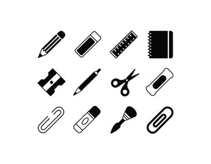 Stationery Icons Collection Featuring Pencil Eraser Ruler Notebook Sharpener Pen Scissors Glue Brush and Paper Clips Isolated on White Background