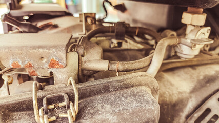 High-resolution close-up of diesel generator belt and pulley system, illustrating alignment and...