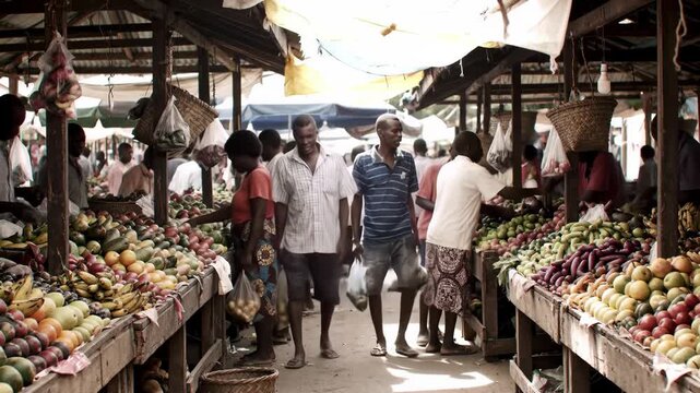 Lively outdoor market scene with rows of vendors, fruits and vegetables, and various people milling about in broad daylight