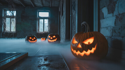Spooky halloween pumpkins glow eerily in an old, abandoned building