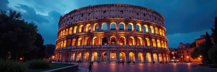 A majestic colosseum-like structure, illuminated at night, draws the eye towards its imposing architecture Perfect for concepts of grandeur, romance, or entertainment venues , arena, arches