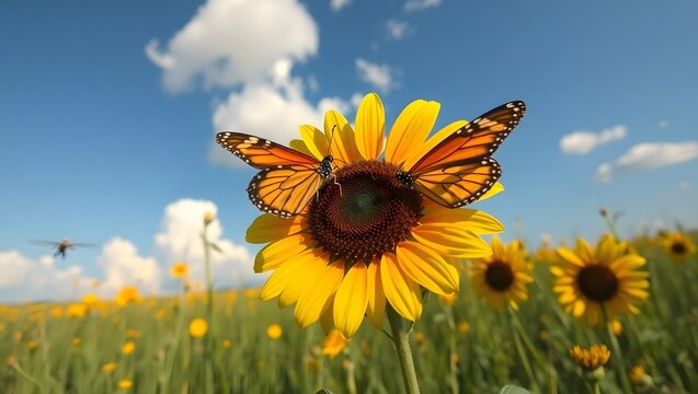 Two monarch butterflies perched on a sunflower in a field under a blue sky with white clouds