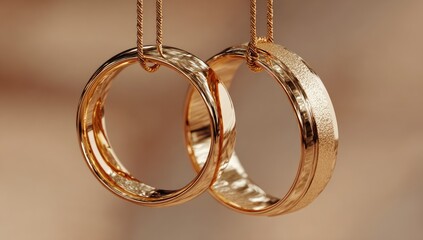 Two gold wedding rings, hanging, close-up