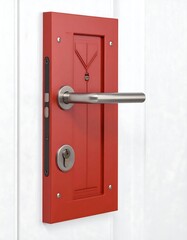Red door handle and lock set on white wall