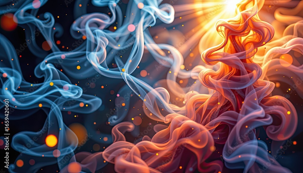 Poster colorful smoke patterns with light rays creating an ethereal and dreamlike atmosphere in a dark back