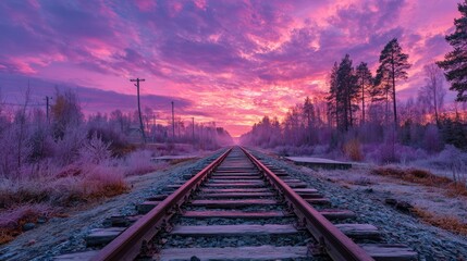 Fototapeta premium Frozen railway tracks at sunrise, vibrant colors