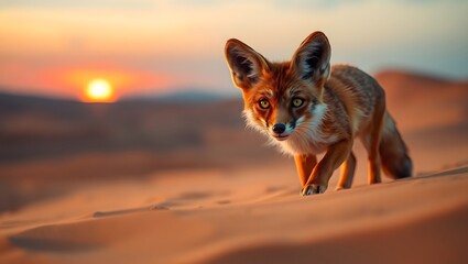 A fox walking on sand dunes at sunset with a bright sun in the background in a desert landscape