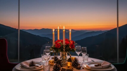 Romantic mountain view dinner reservation restaurant table setting candlelight sunset luxury experience