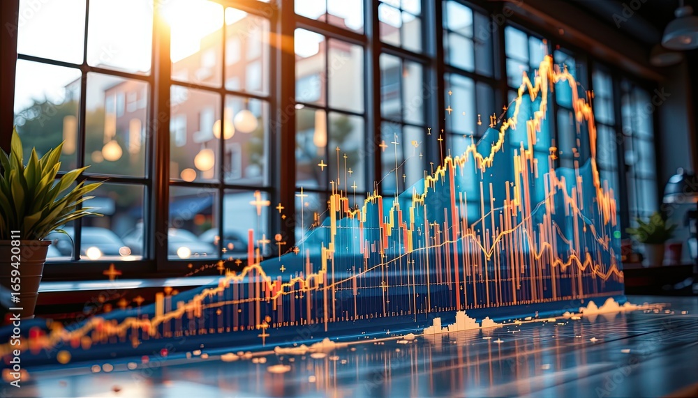 Poster dynamic financial growth visualization with line graph and positive trends in urban cafe setting