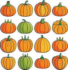 A Collection of Diverse Pumpkins in Various Orange and Green Hues