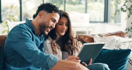 Smile, couple and rest with tablet at house for social media, reading funny meme and bonding....