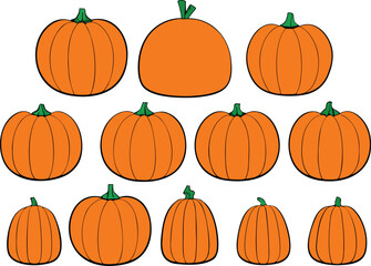 A Collection of Eleven Orange Pumpkins with Green Stems on a White Background