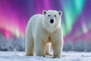 Polar bear standing on snowy terrain under vibrant aurora borealis lights