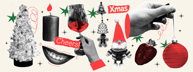 Halftone New Year and Christmas collage set with vintage cutout elements. Christmas tree, candle, lips, hand with glss of champagne, toy, elf, strawberry in trendy retro pop art style © MandarinkaArt
