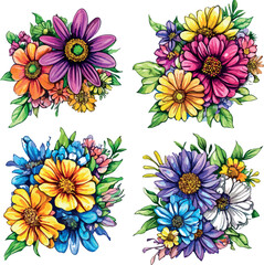 Fototapeta premium Vibrant watercolor floral arrangements featuring daisies and other colorful blooms on white background